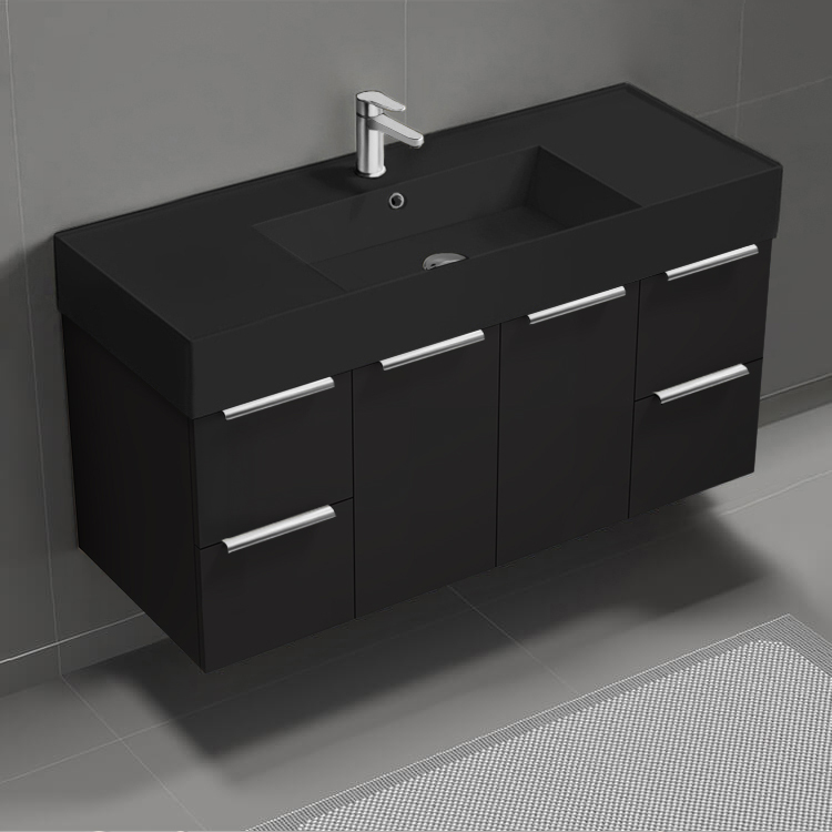 Nameeks DERIN1022 Modern Bathroom Vanity With Black Sink, Wall Mount, 48 Inch, Matte Black